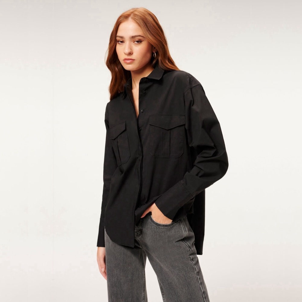 good american  the oversized stretch cotton good shirt in black, size 1 / small